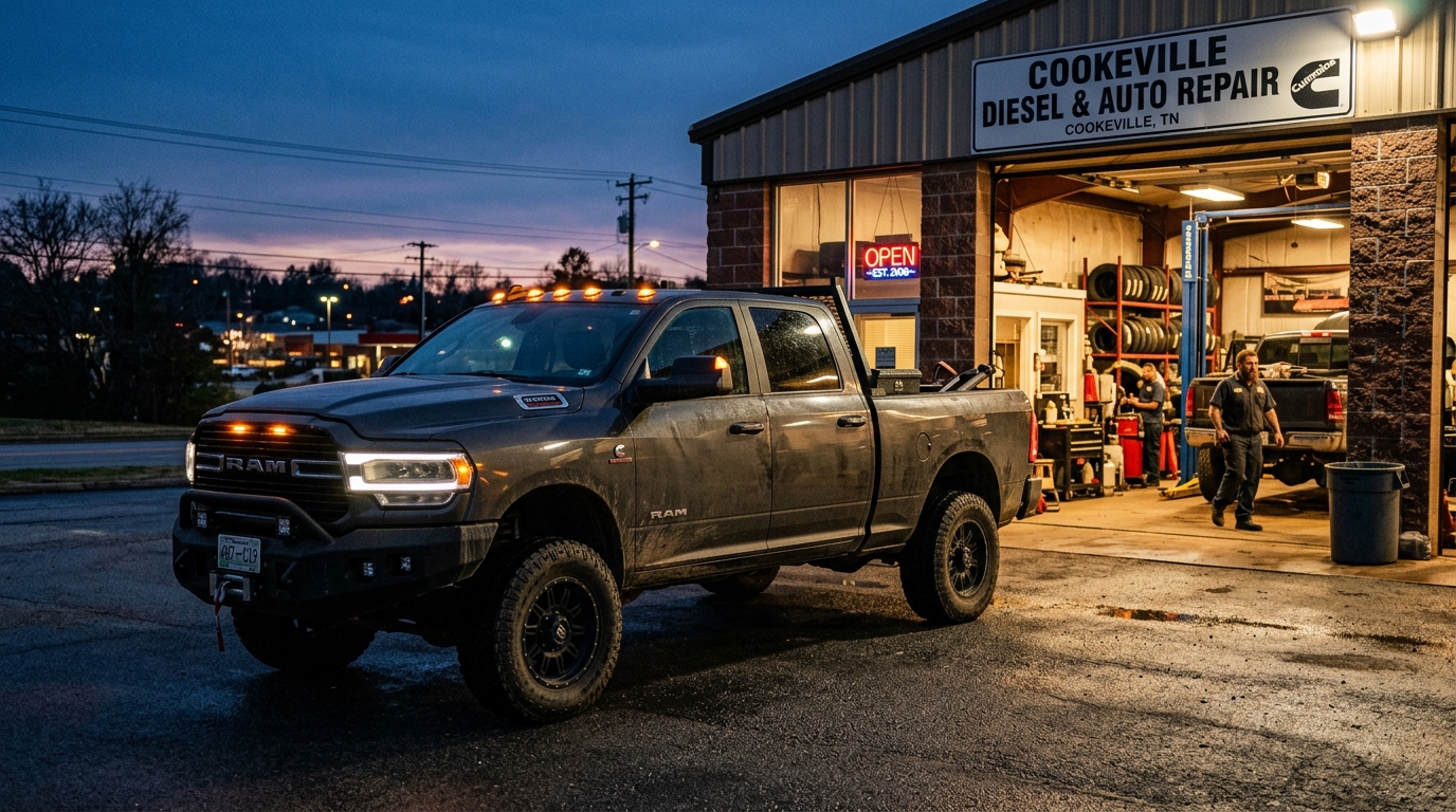 Black Smoke Diesel truck in repair shop in Cookeville TN