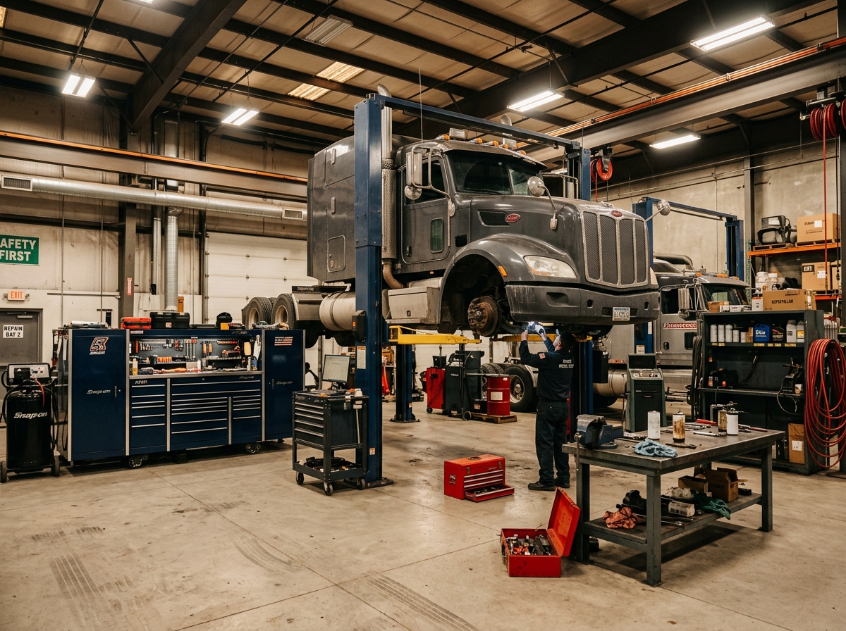Shop bay and hydraulic truck lift at Black Smoke Diesel LLC