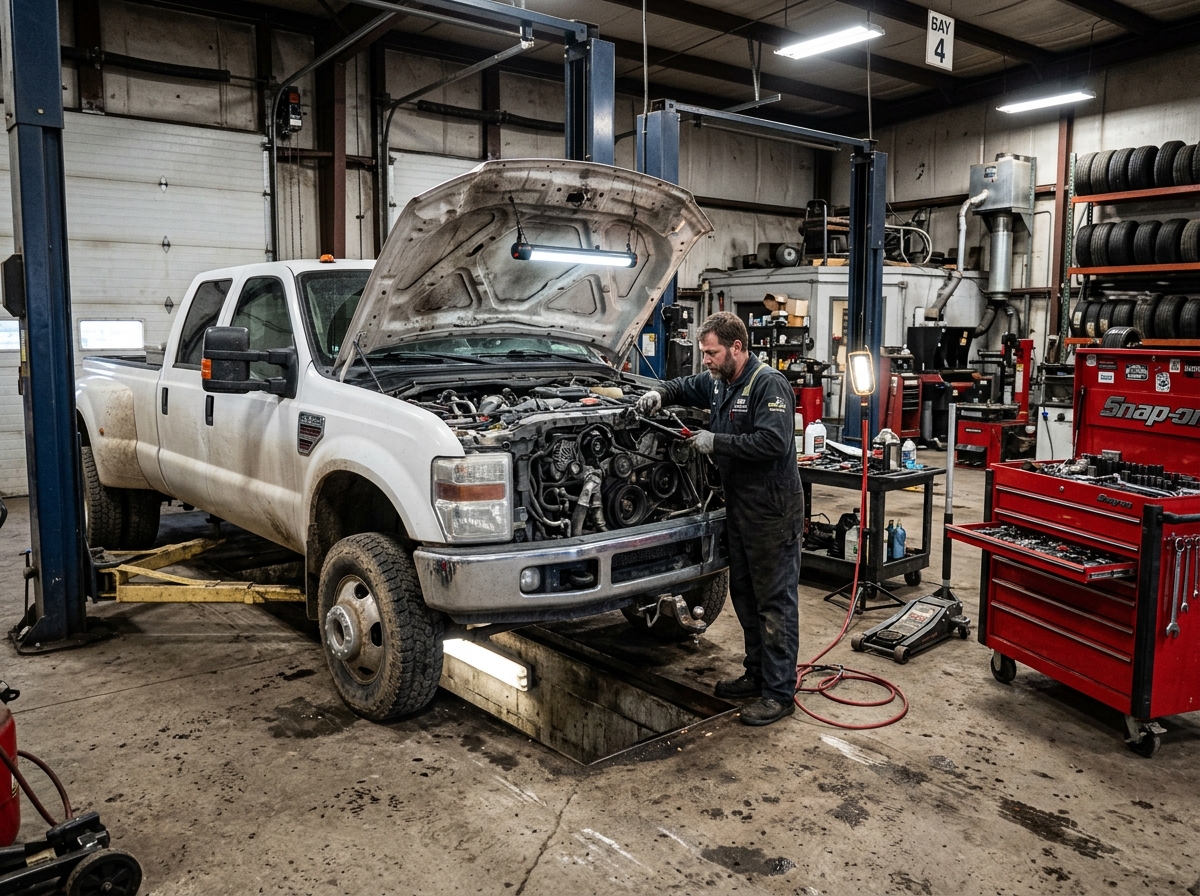 Heavy duty diesel truck service in garage